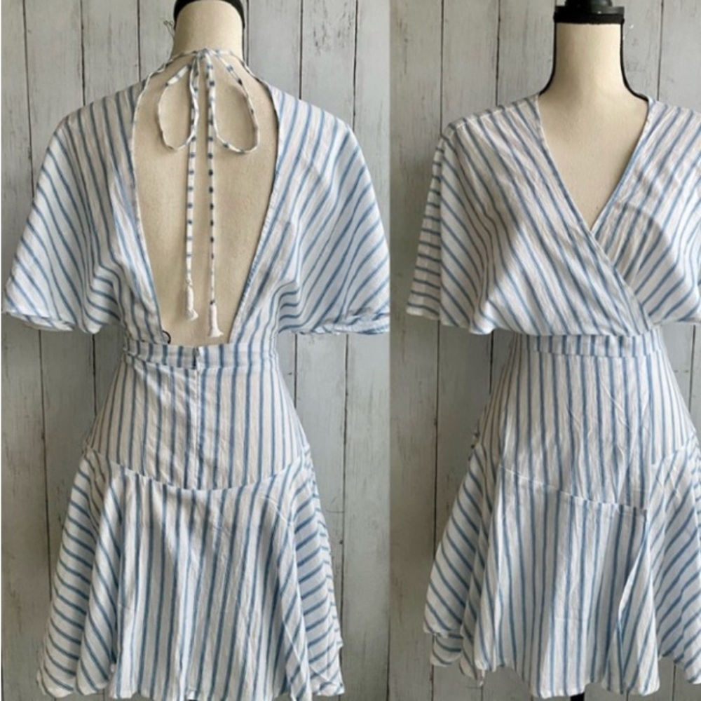 Faithfull the Brand Blue and White Pleated Backless Sundress